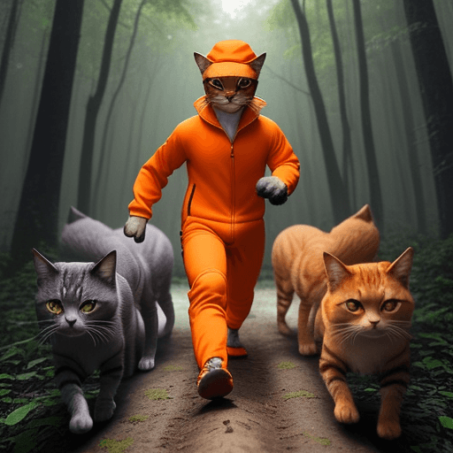 AI generated: Generate an image of a small, determined cat standing on his feet in the middle of a dense forest. T...
