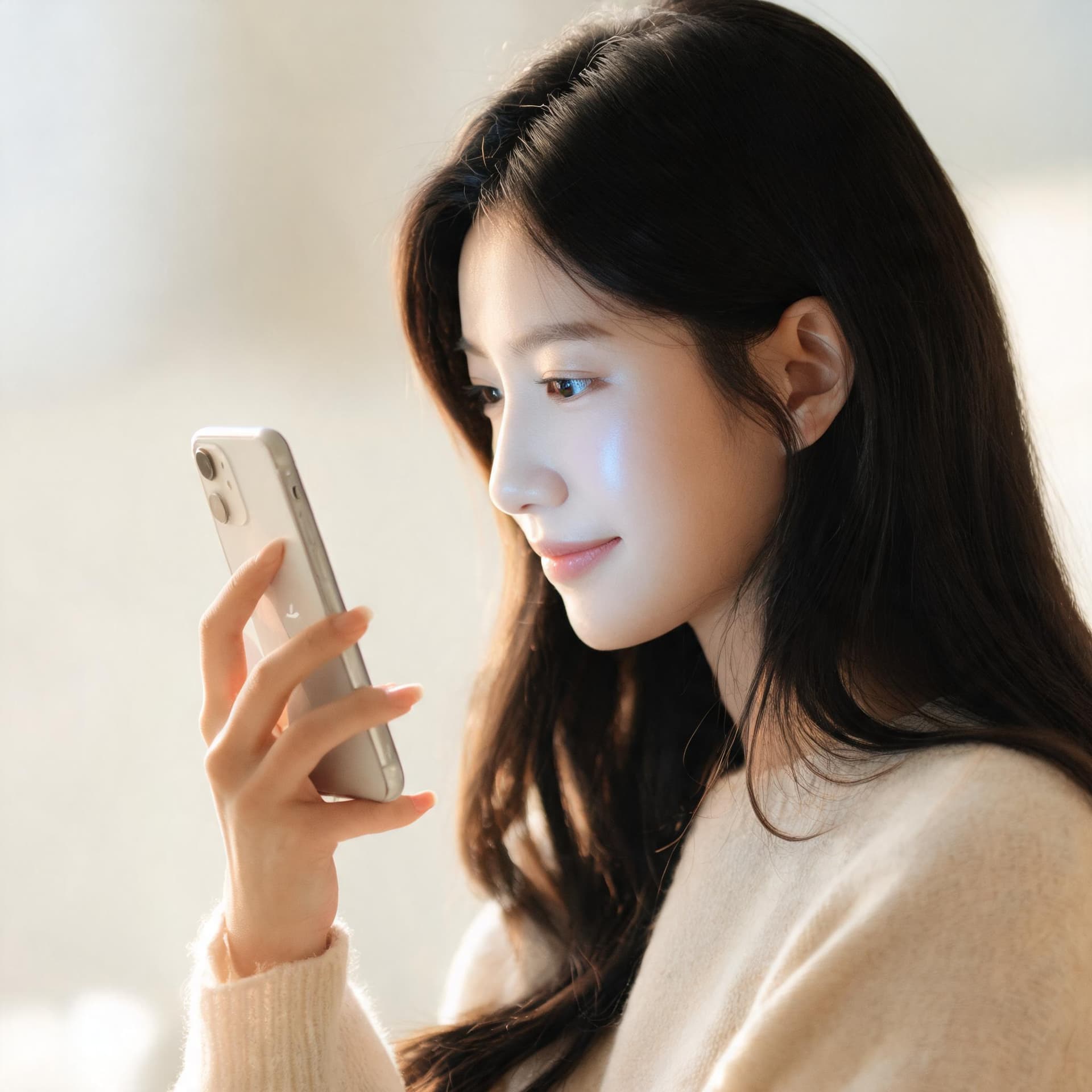 AI generated: side profile of a woman in her 20s holding an iPhone and looking softly at the screen, warm natural ...