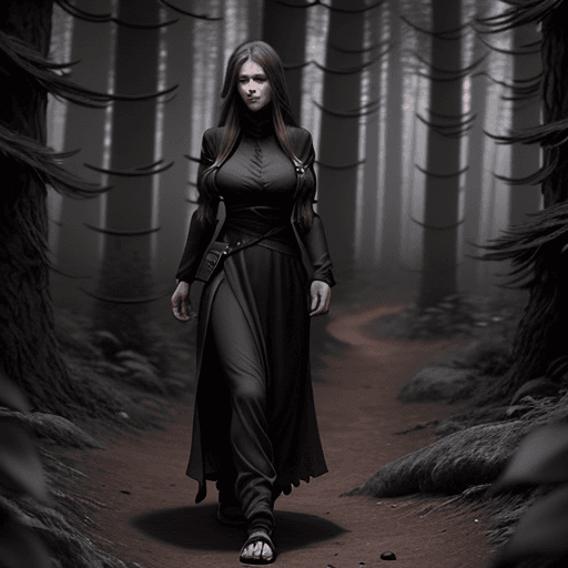 AI generated: realistic woman walking in a forest in the twilight, the woman has long dark messi hair, and dress l...