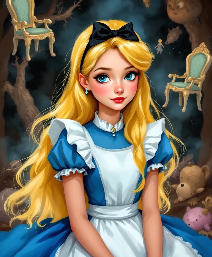 AI generated: Painted Digital Art, Whimsical, Fairy Taleesthetic".A detailed and vibrant illustration of Alice, fr...