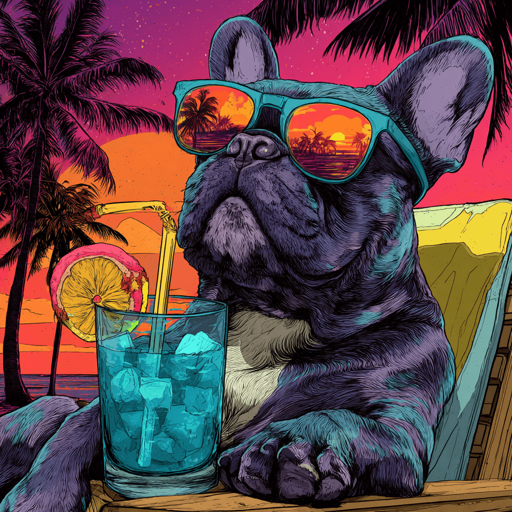 AI generated: Playful French Bulldog puppy relaxing on a beach chair, sipping a colorful summer cocktail with a st...