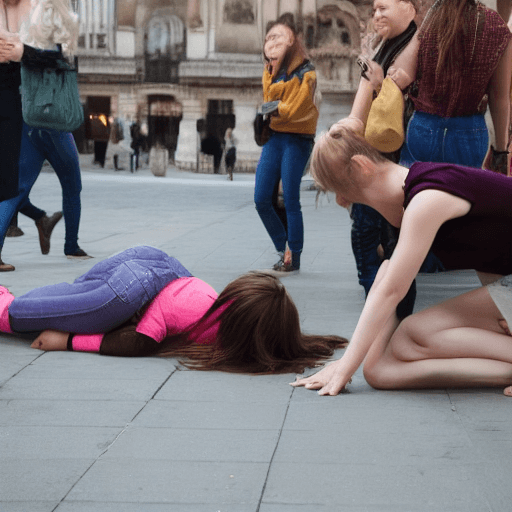 AI generated:  girl falls head down looking at us