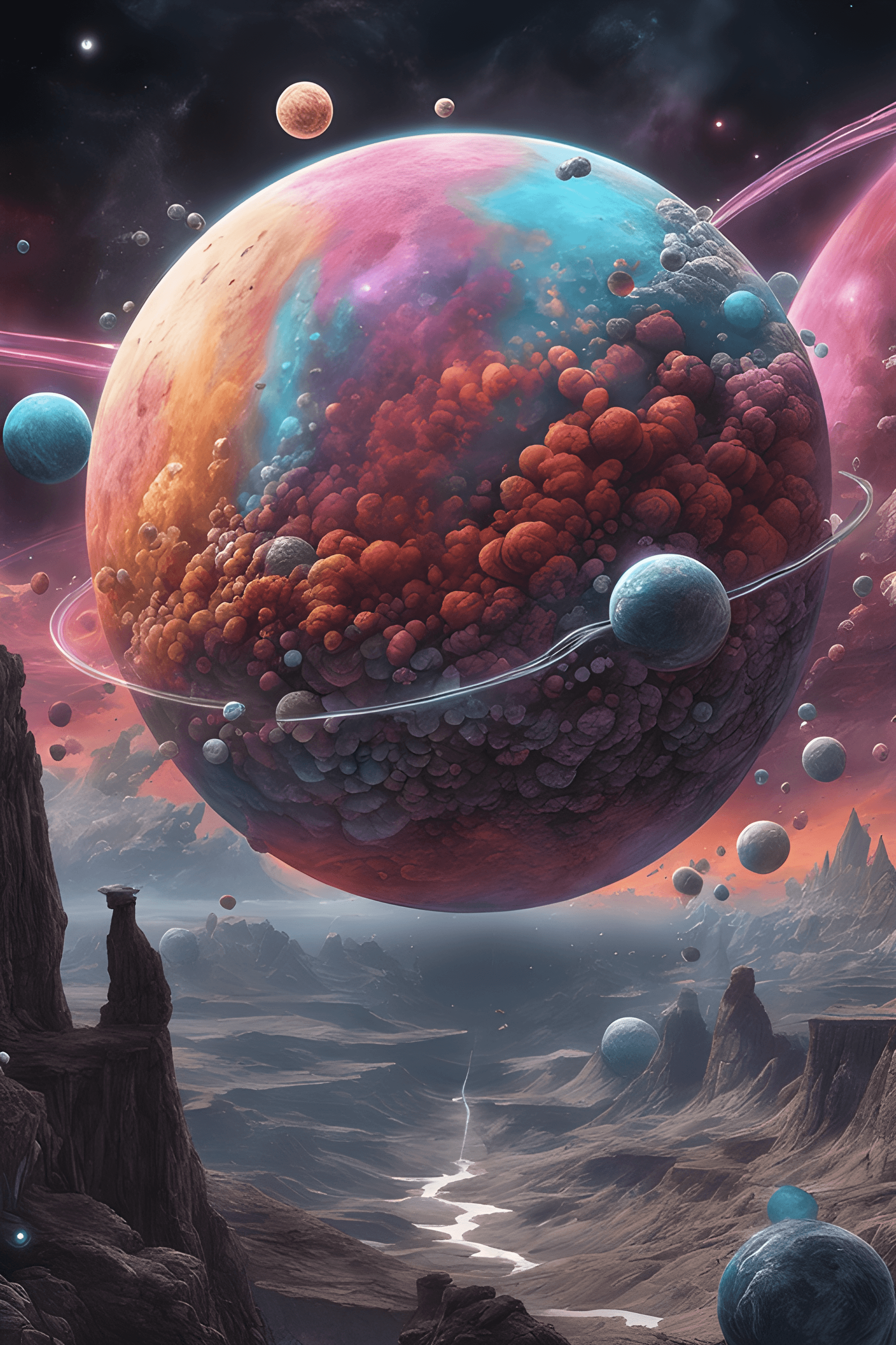 AI generated: Sci-fi imagination, cosmic planet, planet made of gas clouds and black diamonds, disturbing, dark, s...