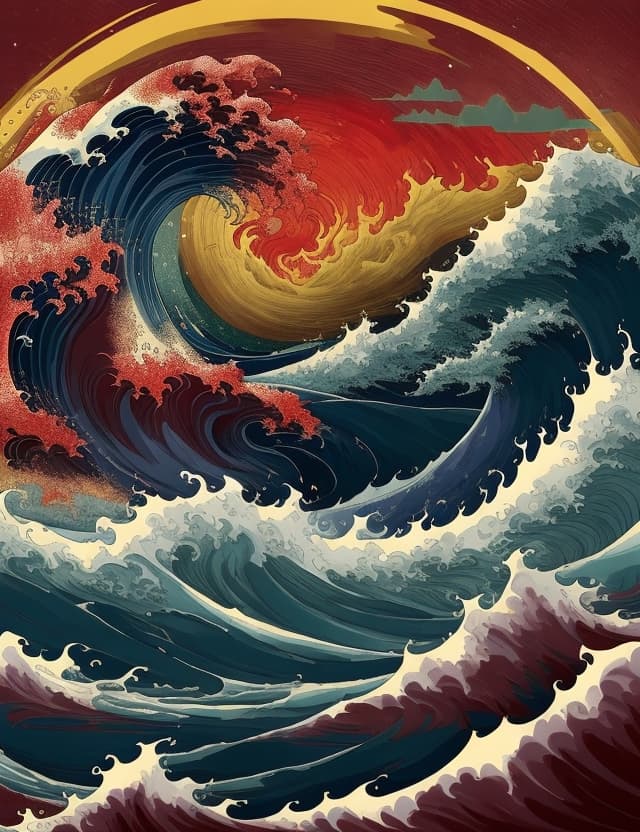 AI generated: (Katsushika Hokusai's Japanese depiction of a very turbulent sea )with massive waves. The background...