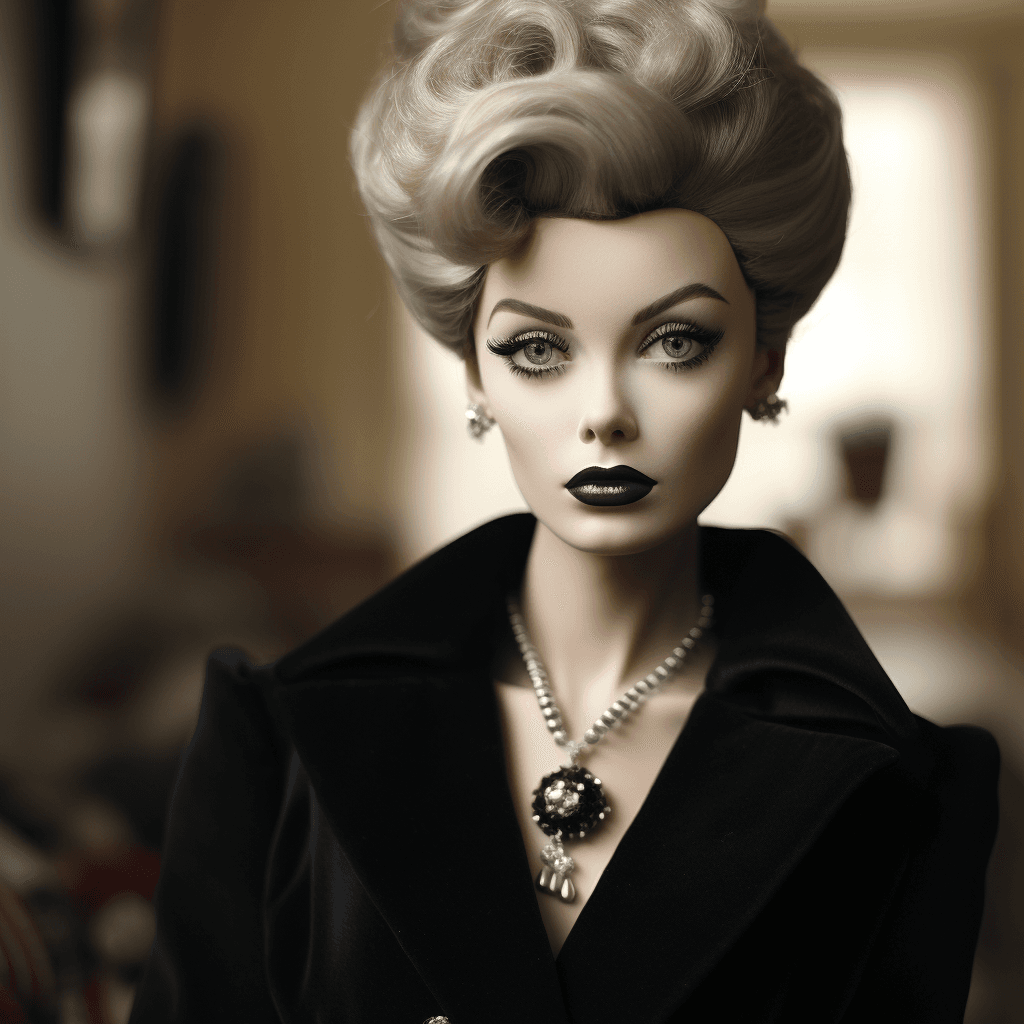 AI generated: a barbie doll Mattel by Giorgio Armani:: in the style of Diane Arbus, retro glamor, distinct facial ...