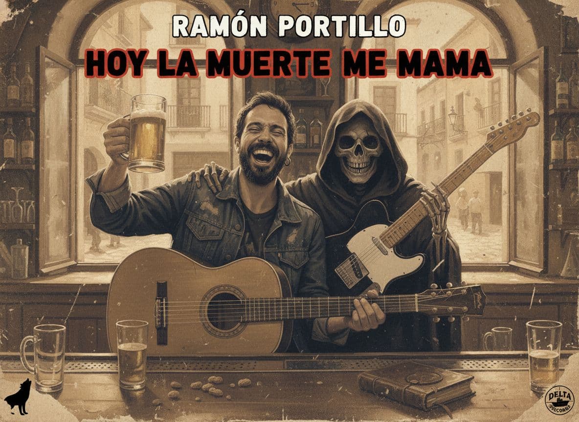 AI generated: Hazme de esta imagen la portada de un disco. El disco se llama "Hoy la muerte me mama" y el artista ...