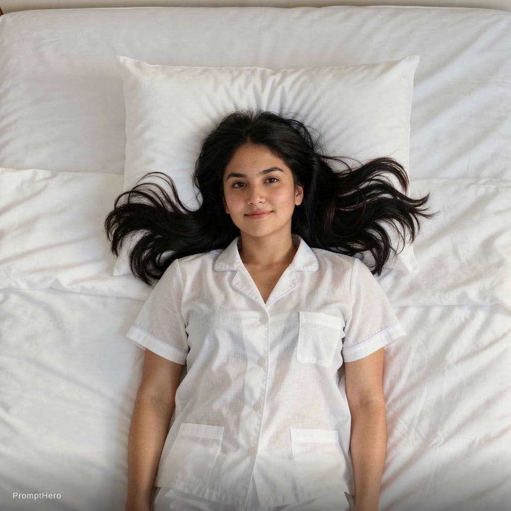 AI generated: Create a high-resolution photograph of a fit adult woman lying on her back in a bed covered with pri...