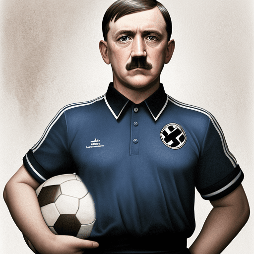 AI generated: Portrait of adolf hitler holding a soccer ball in color. Show the full soccer ball held centrally wi...