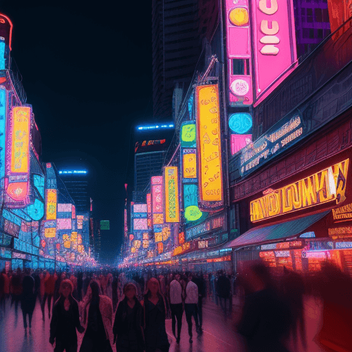 AI generated: A vibrant city at night, illuminated by neon lights and bustling with life