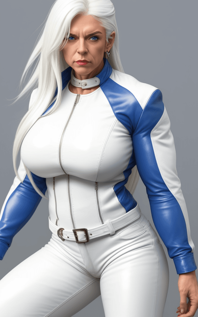 AI generated: woman with muscles, biceps, long white hair, wears white leather pants, blue leather jacket, red shi...