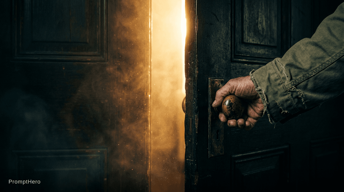 AI generated: A weathered hand in a worn olive-green jacket sleeve grips an antique brass door knob, tarnished wit...