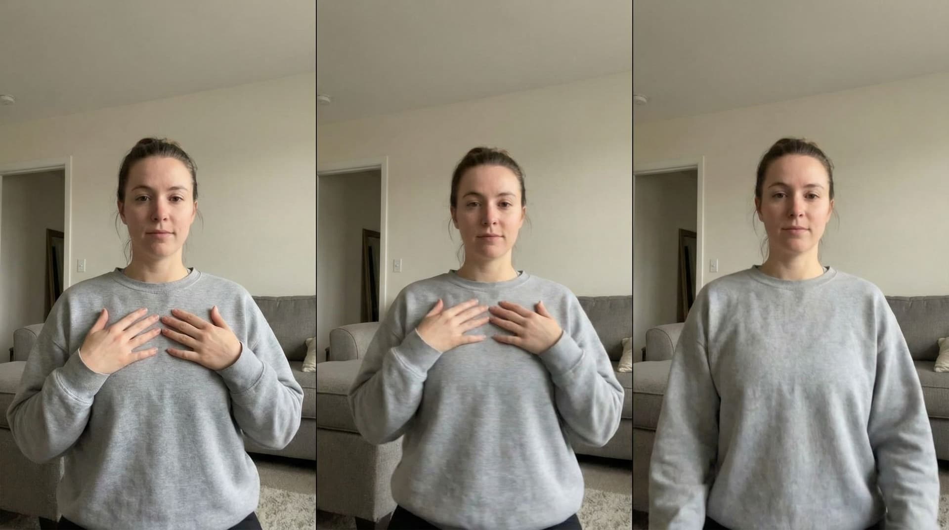 AI generated: She is press her bosomos with her hands. then she bousing them side by side within movement up and d...
