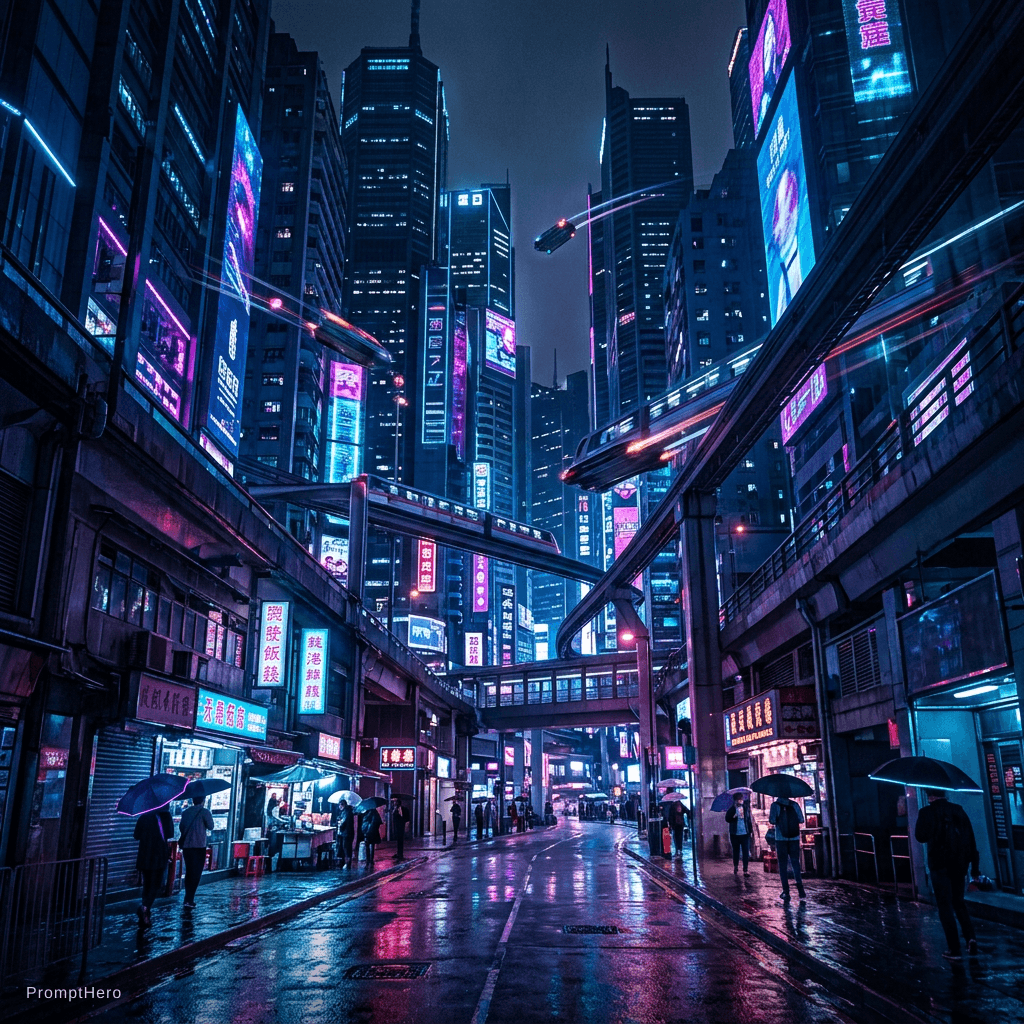 AI generated: neon cyberpunk city at night, rain reflections, purple and blue lights, futuristic