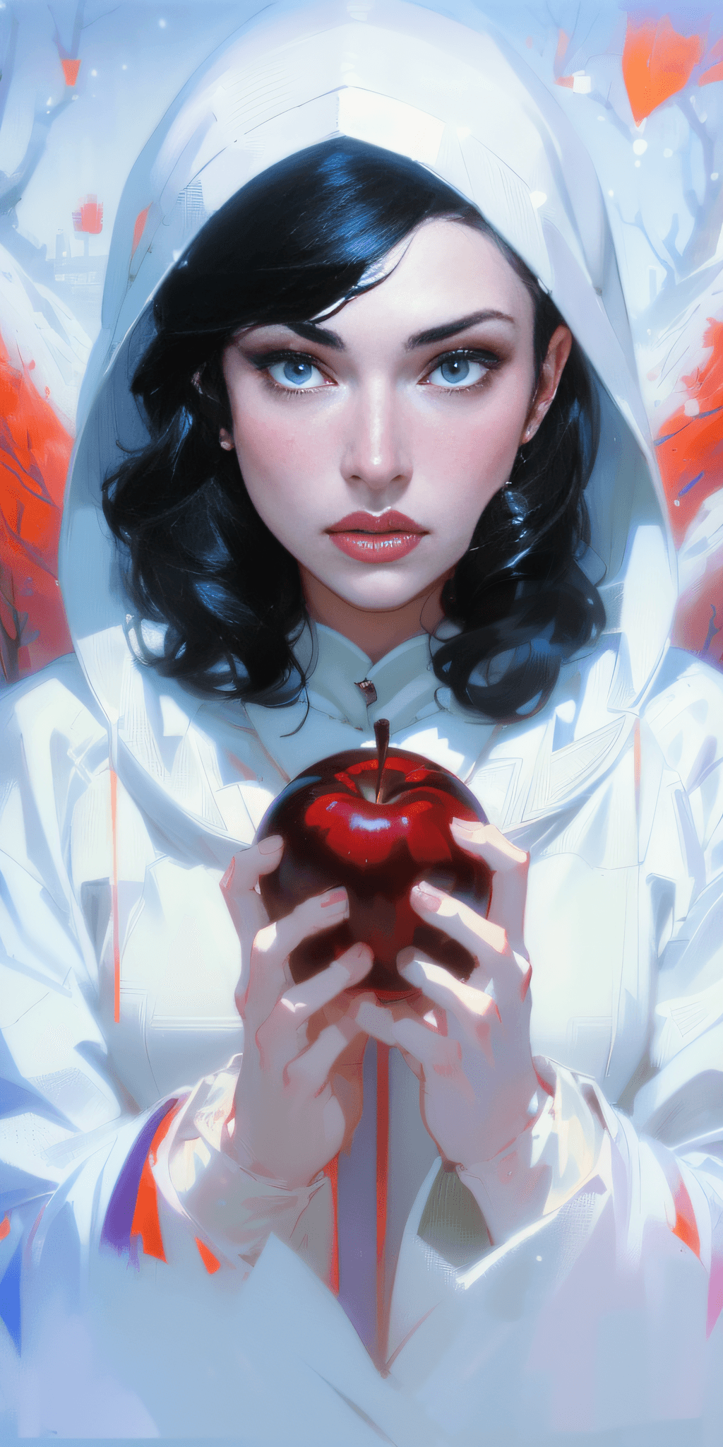 AI generated: a close up of a person holding an apple in front of a tree, snow white, martin ansin, portrait of sn...