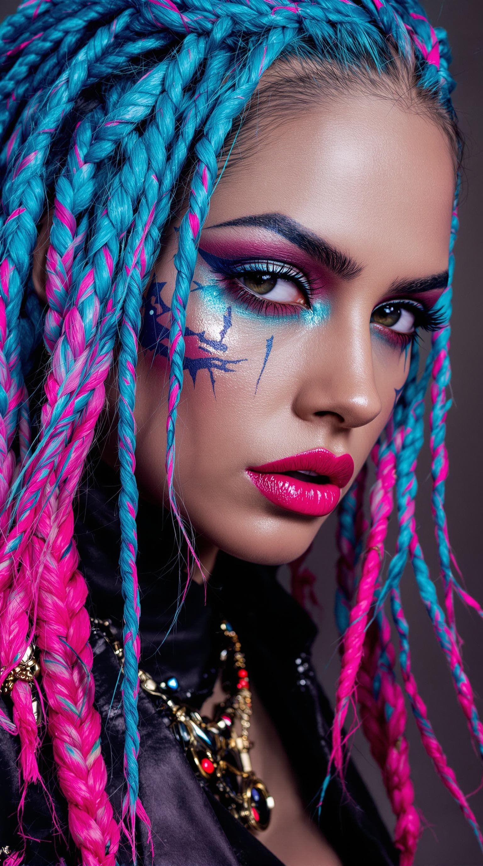 AI generated: a portrait of a woman with blue and pink braided hair, heavy metal comic cover art, stylized beauty ...