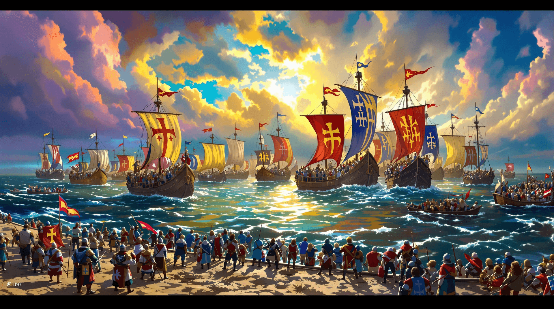 AI generated: A vibrant, detailed scene of William the Conqueror’s Norman fleet arriving on the English coast in 1...