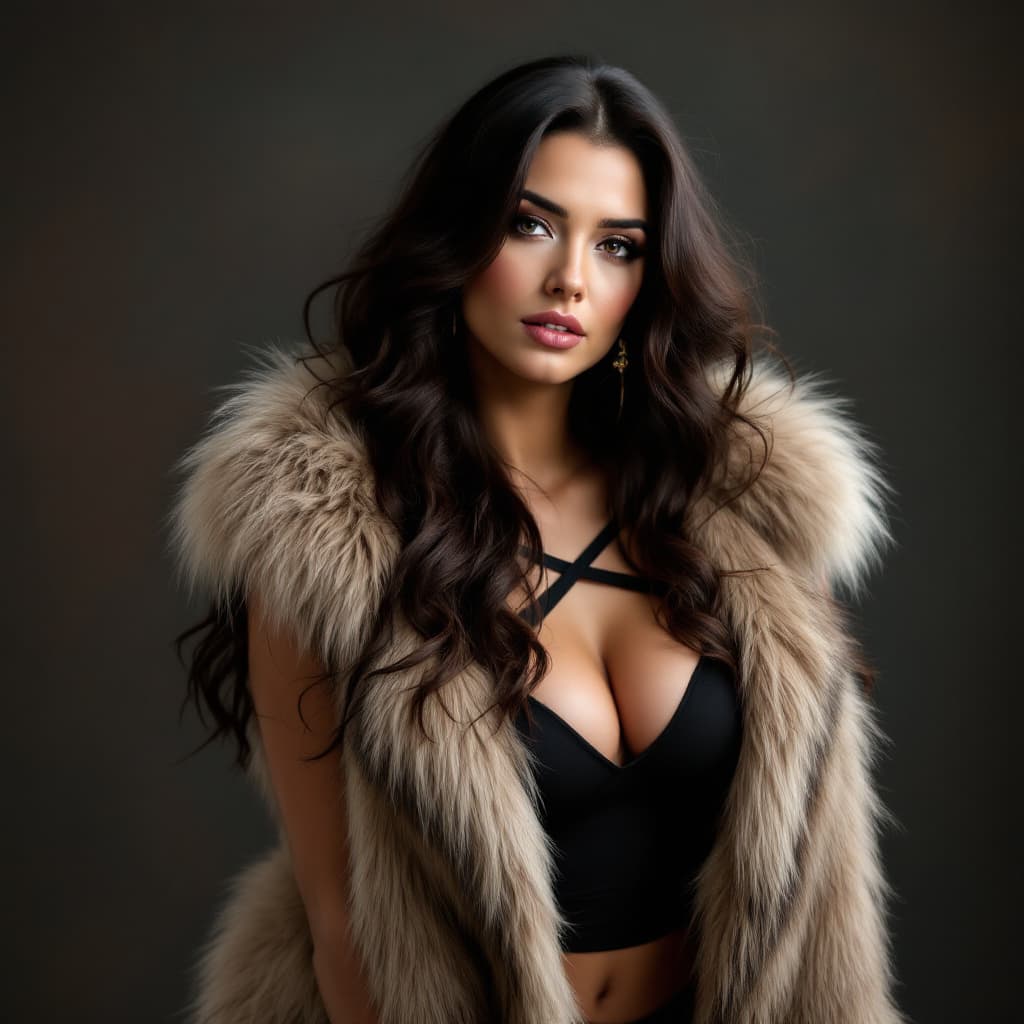 AI generated: Bbw brunette milf in fur vest