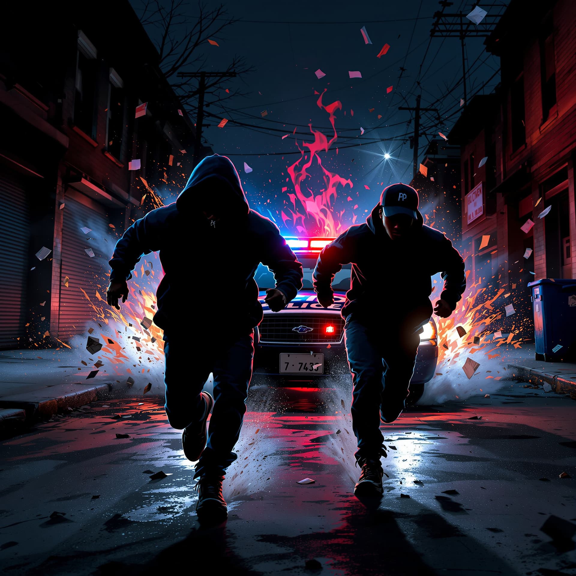 AI generated: FRONT view of a couple of young black men in hoodies and urban wear running AT FULL SPEED towards us...