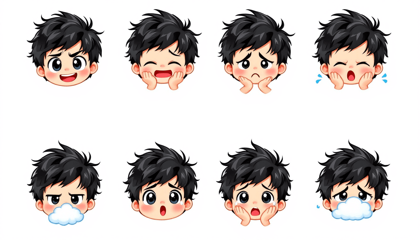 AI generated: **Image Prompt:**
"Create a set of 10 adorable chibi-style emojis featuring a cute boy with glossy b...