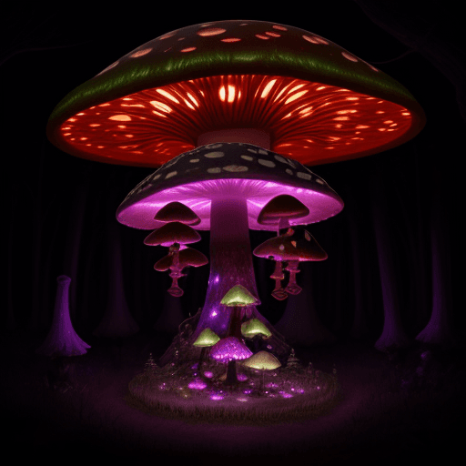 AI generated: big glowing mushroom forest --style raw, red and purple faded lights, fairytale--v 6.0