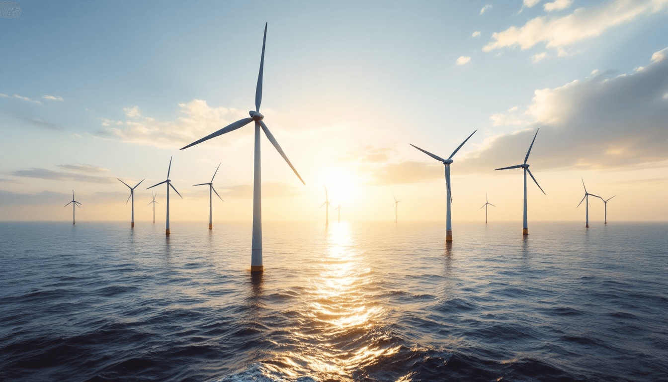 AI generated: A wide-angle view of towering white wind turbines standing in the ocean, their blades spinning slowl...