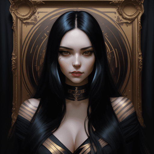 AI generated: a woman with long black hair in a gold painting, in the style of charlie bowater, dark blue and dark...