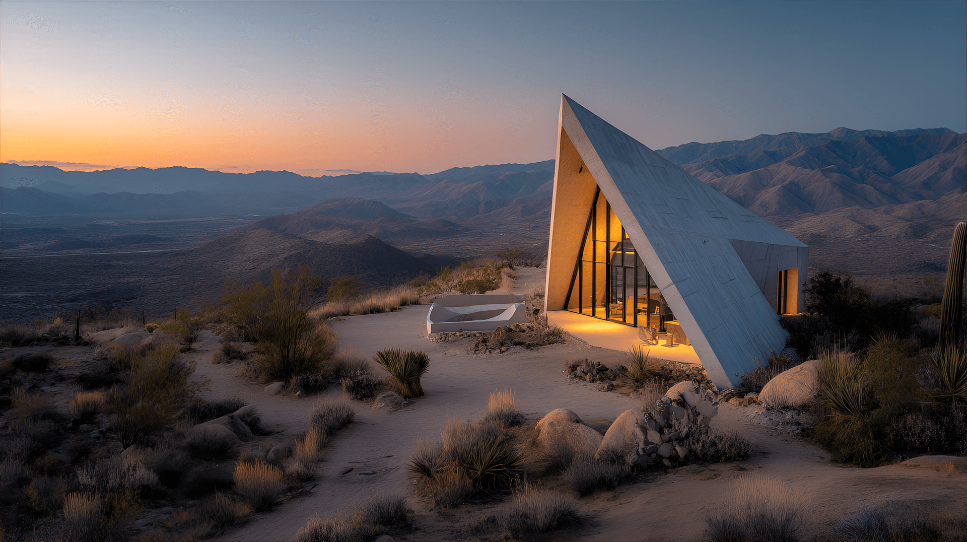AI generated: modern, triangular concrete house nestled in a desert landscape at twilight, dramatic desert sunset,...