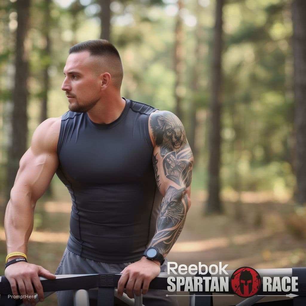 AI generated: Make a very realistic photo of the man shirtless but add half sleeve of tattoos and make him athleti...
