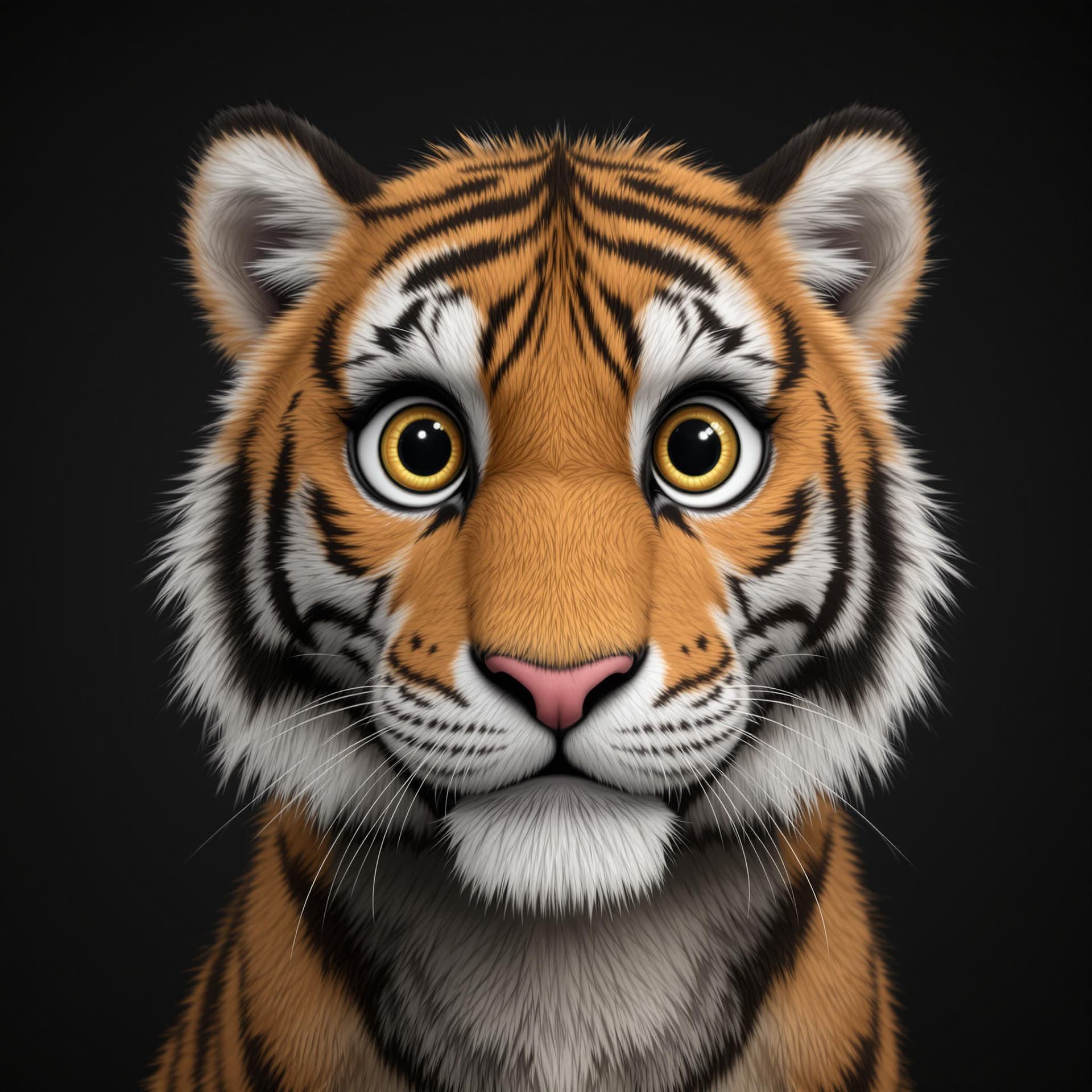 AI generated: 3D Portrait of a A cute and furry tiger, big eyes, Dark Background setting, 8k