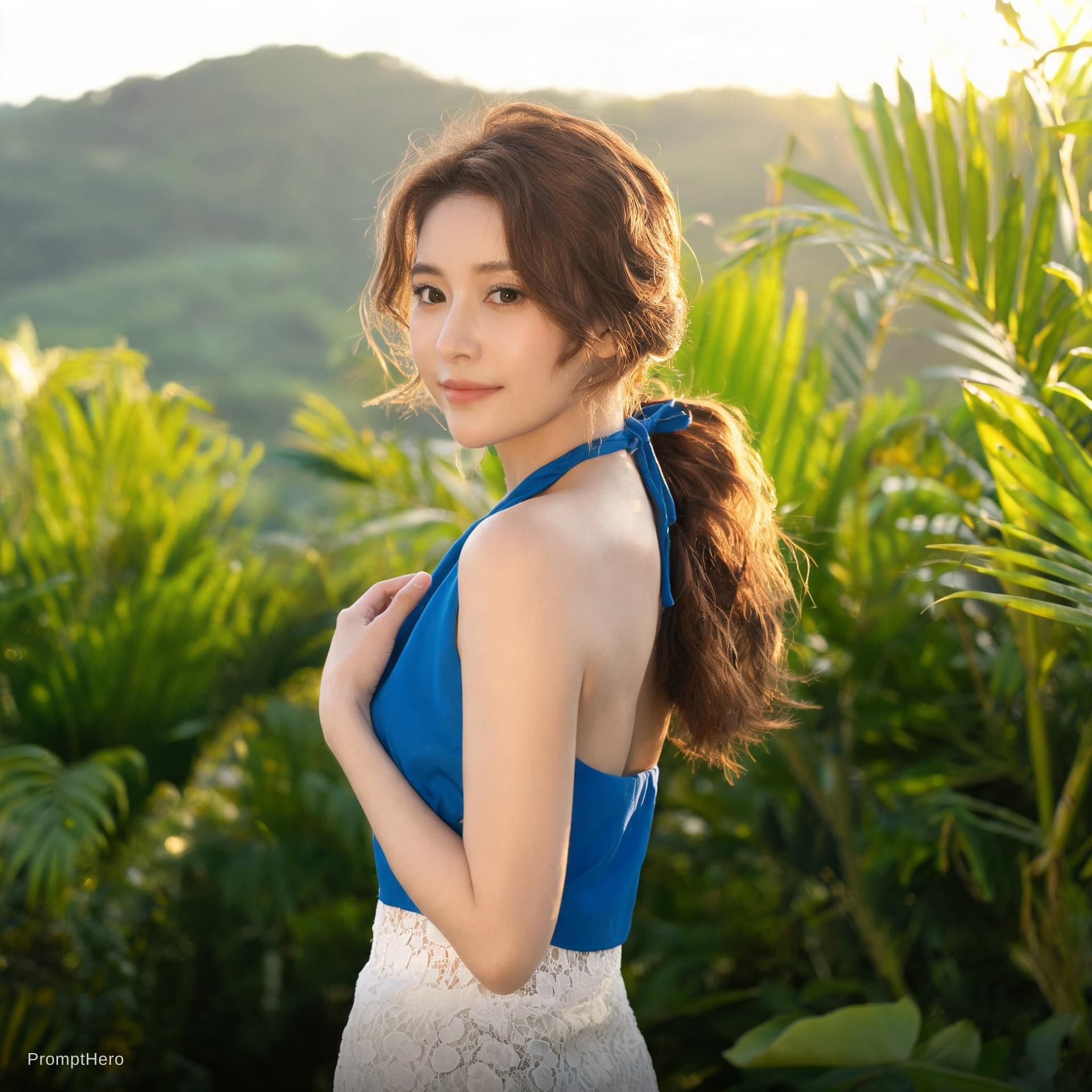 AI generated: Create a photorealistic interpretation of a fit adult woman standing in a lush tropical setting. She...