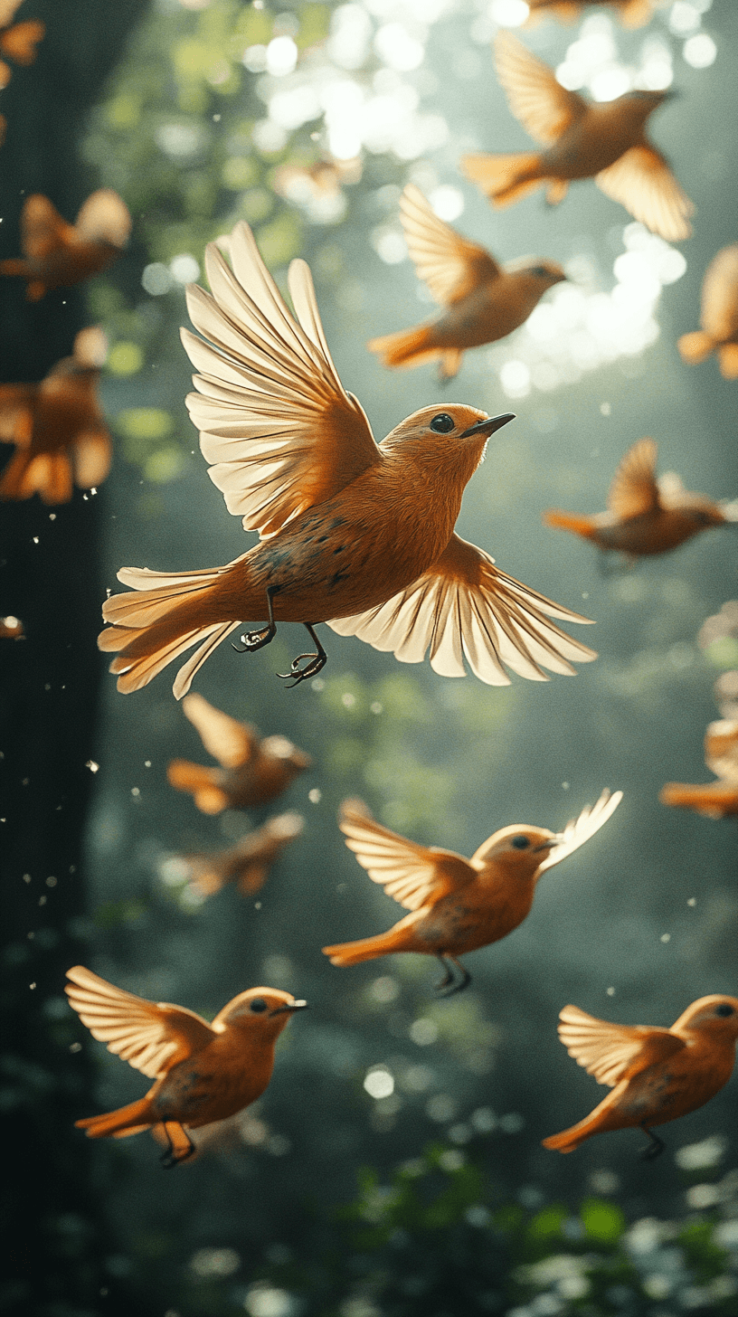 AI generated: Photorealistic, dramatic scene A flock of Robins flying free in the forest --ar 9:16 --stylize 750 -...