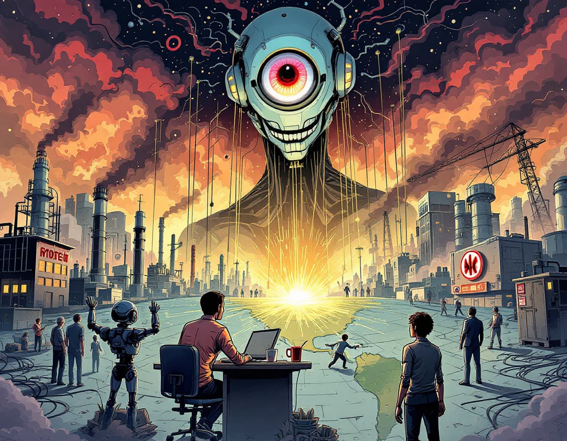 AI generated: A conceptual digital illustration representing popular myths about Artificial Intelligence. Show a l...