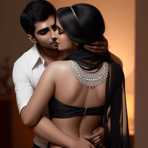 AI generated: Photo of a hot Indian women, wearing sensual saree, 2 men kissing her from back in her neck, she giv...