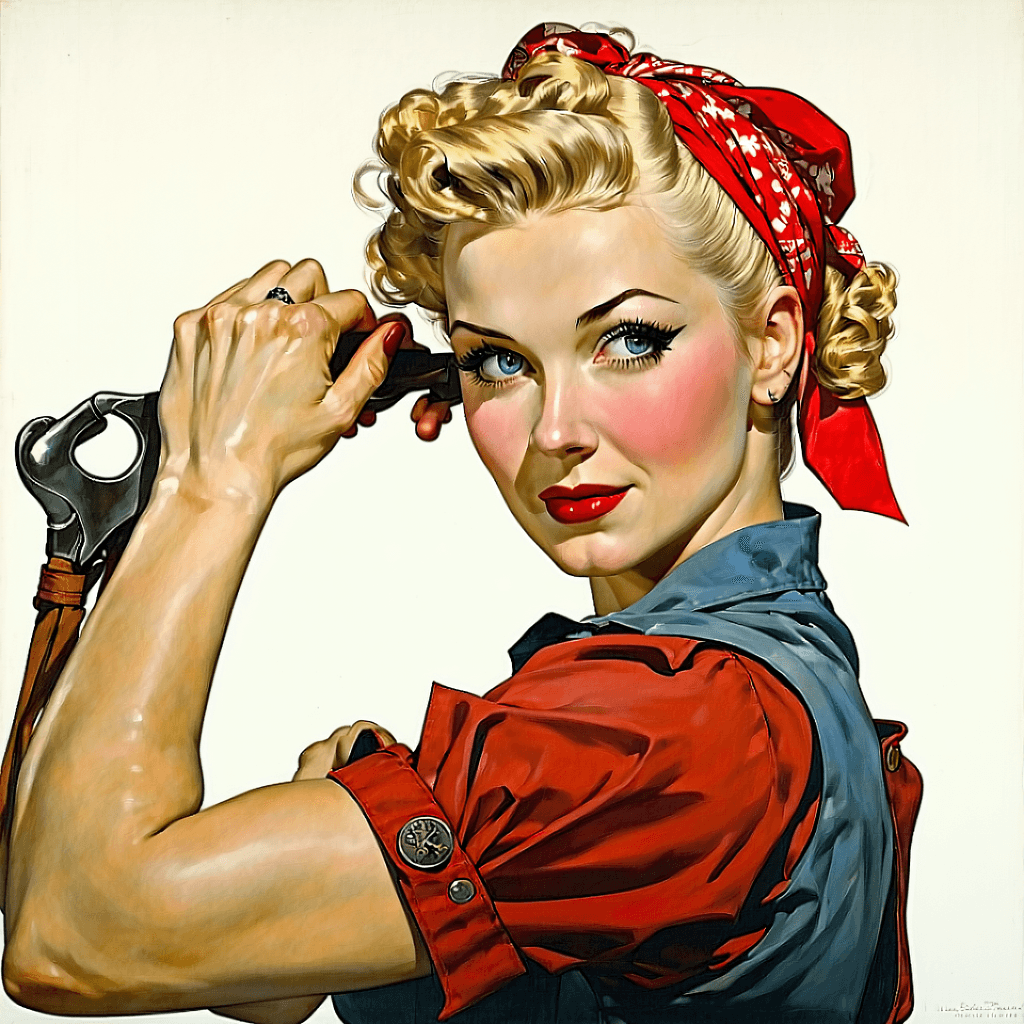 AI generated: Cover art quality illustration by ((Joseph Christian Leyendecker)), a Rosie the Riveter, 3/4 shot, f...