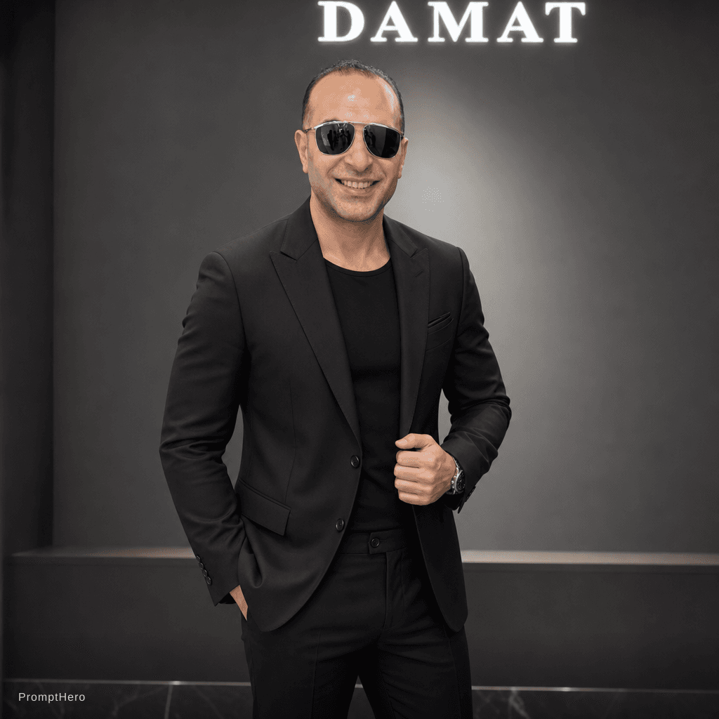 AI generated: Black italian bespoke suit with black under tshirt wide neck make body proportionate with face