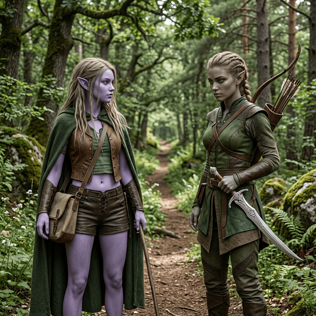 AI generated: 1: Drow girl whit purple skin and cute elf ears. slender whit flat chest. Long Dirty blond hair and ...