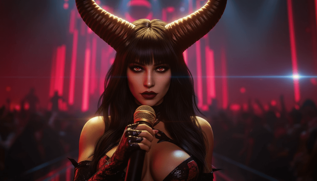 AI generated: Extreme closeup portrait of a female demon, bathed in a warm, lightHer physique, honed from the fire...
