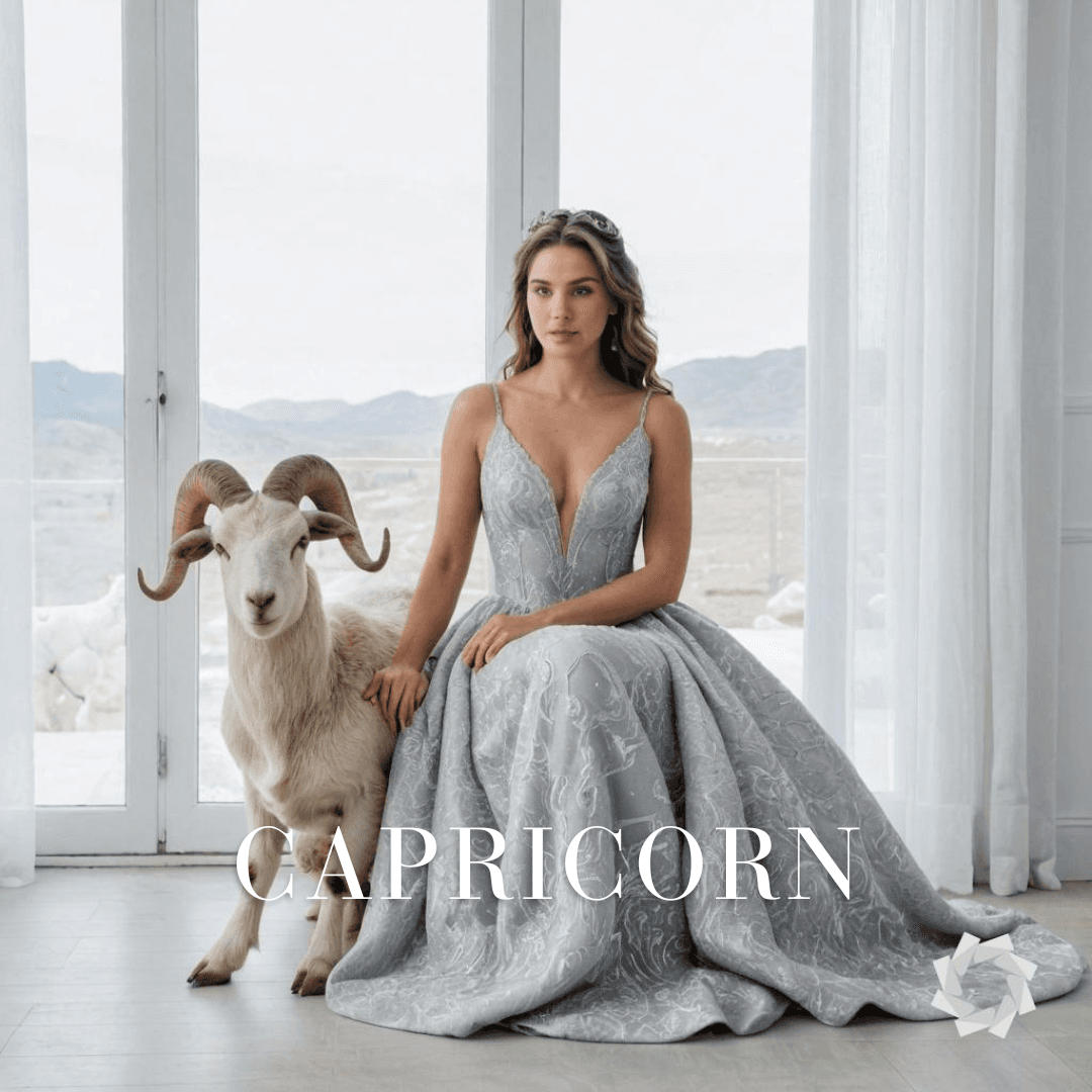 AI generated: full length portrait of a woman in a royal light gray gown representing Capricorn zodiac sign, ultra...