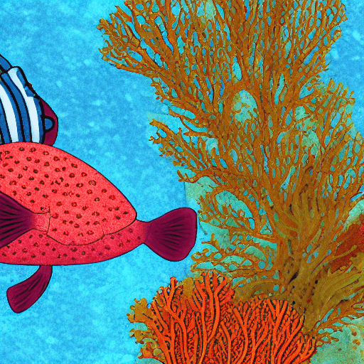AI generated: 2D image of a deep sea diver underwater, fish and corals, and sea weed.