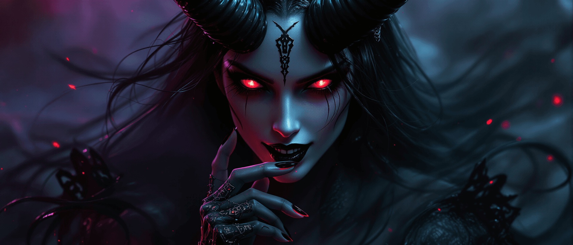 AI generated: A Coverart art of A seductive female demon queen in a dramatic close-up portrait, reminiscent of Bek...