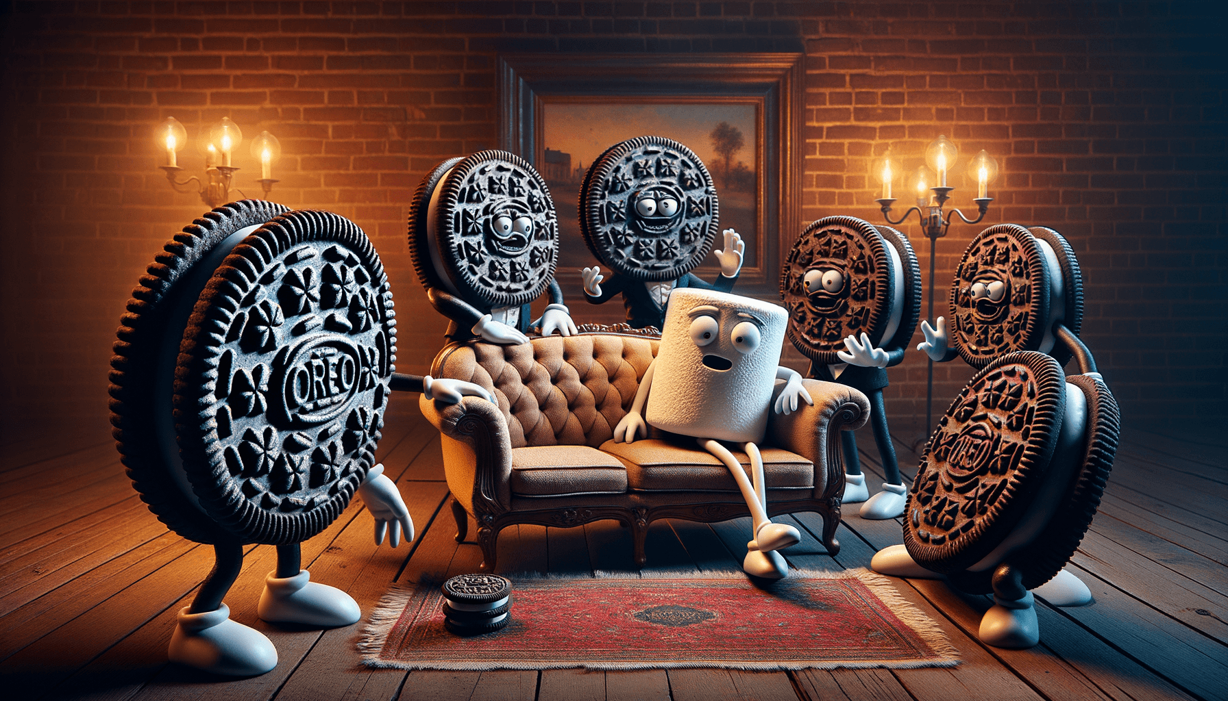 AI generated: 6 Oreos stand around a happy marshmallow sitting on a couch