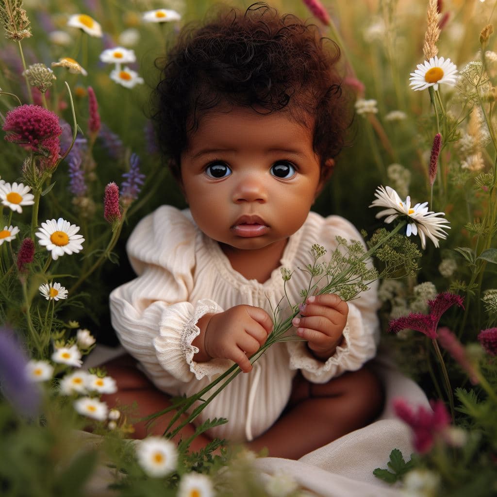 AI generated: un bébé dans un cadre naturel, entouré de fleurs sauvages, pour une image simple et délicate mettant...