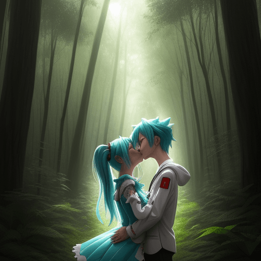 AI generated: Hatsuse miku kissing Ticci Toby in a forest