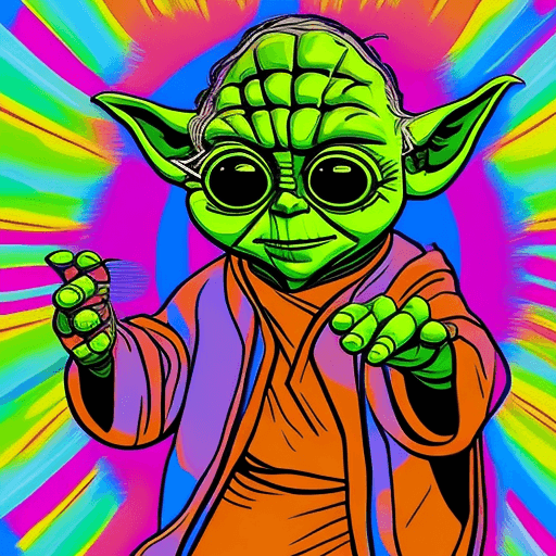 AI generated: tshirt design, colourful, no background, yoda with sun glasses, dancing at a festival, ink splash, 8...