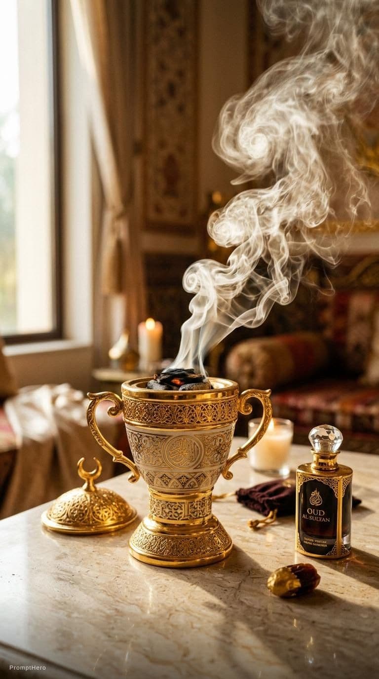AI generated: Luxury incense burner product photography, elegant Arabic mabkhara, soft warm lighting, oud smoke fl...