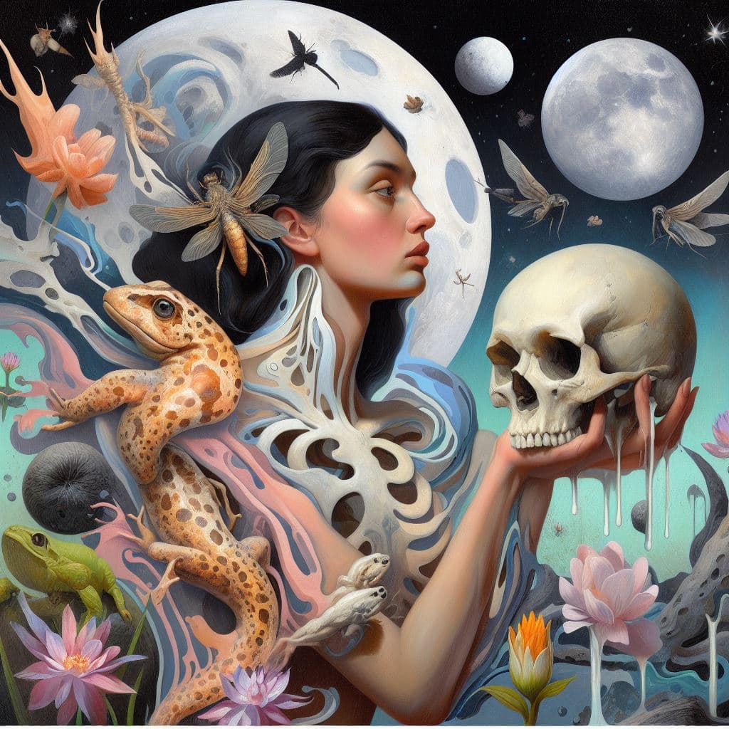 AI generated: surrealist painting of a woman holding a fossil skull with the moon, insects, newts, and melting flo...