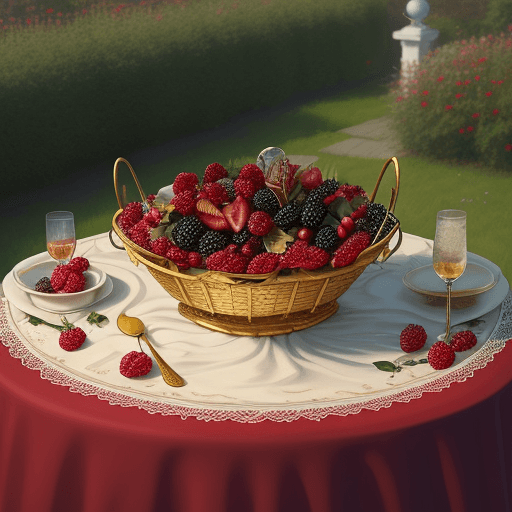 AI generated: Many ice creams, placed on table, victorian golden basket with red fruits: strawberries, blackberrie...
