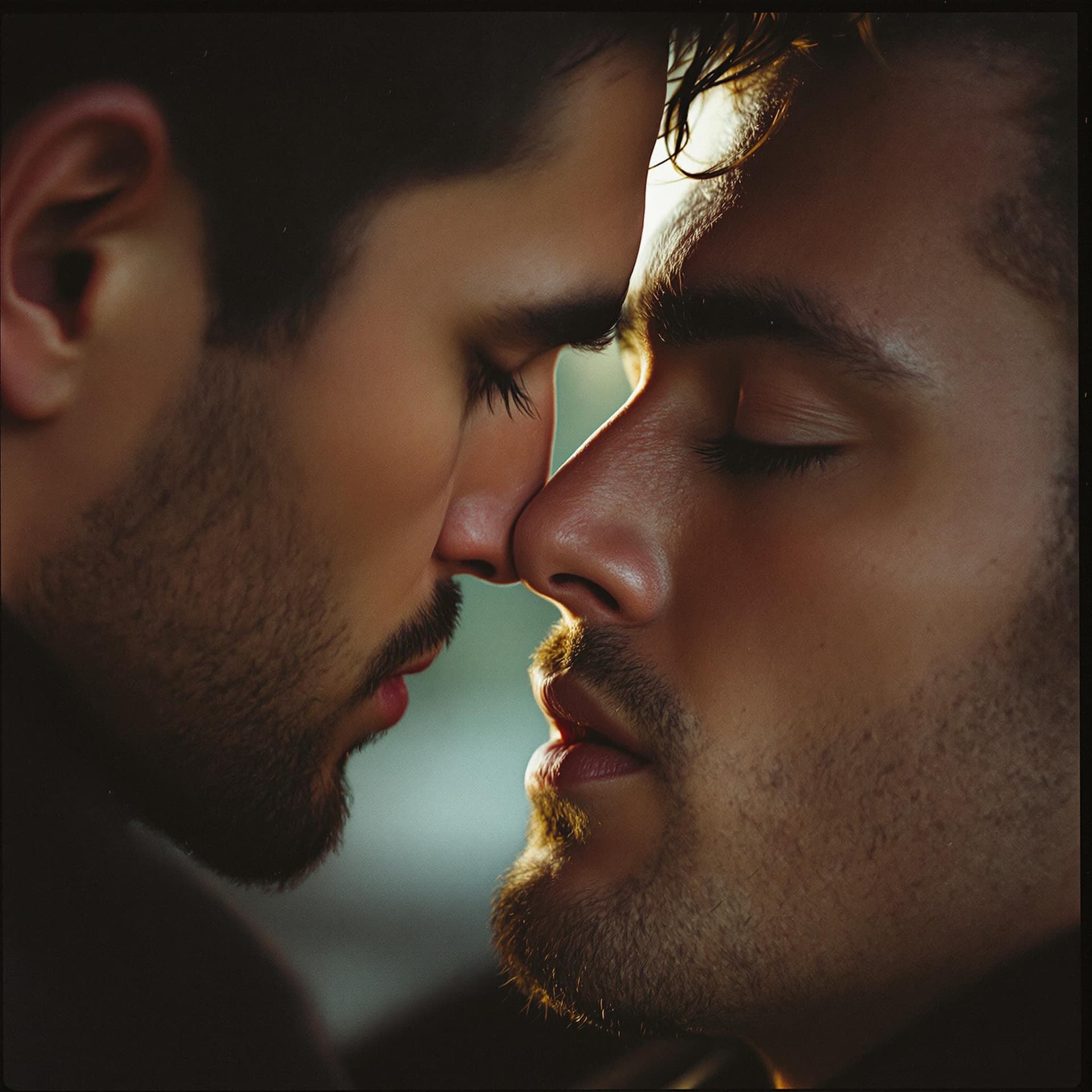 AI generated: Close up of two men in love, tender moment, in the style of Albert Watson, in the style of Peter Lin...