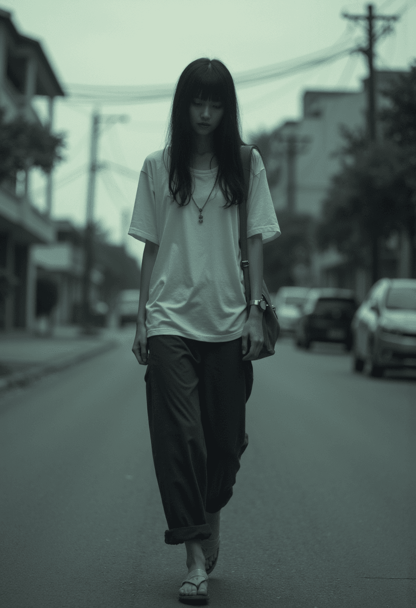 AI generated: A woman walks alone through a busy suburban town, her figure bathed in the subdued light of an overc...