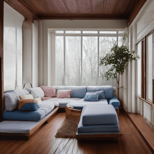 AI generated: High resolution photography interior design, dreamy sunken living room conversation pit, wooden floo...